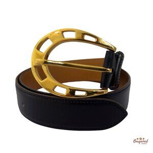 Authentic HERMES Black Calfskin Leather Gold Horseshoe Buckle Belt Size 70